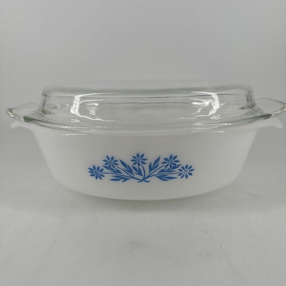 Anchor Hocking Fire King #433 Blue Cornflower 1.5 qt Casserole Dish w/Lid Gift - Picture 2 of 12